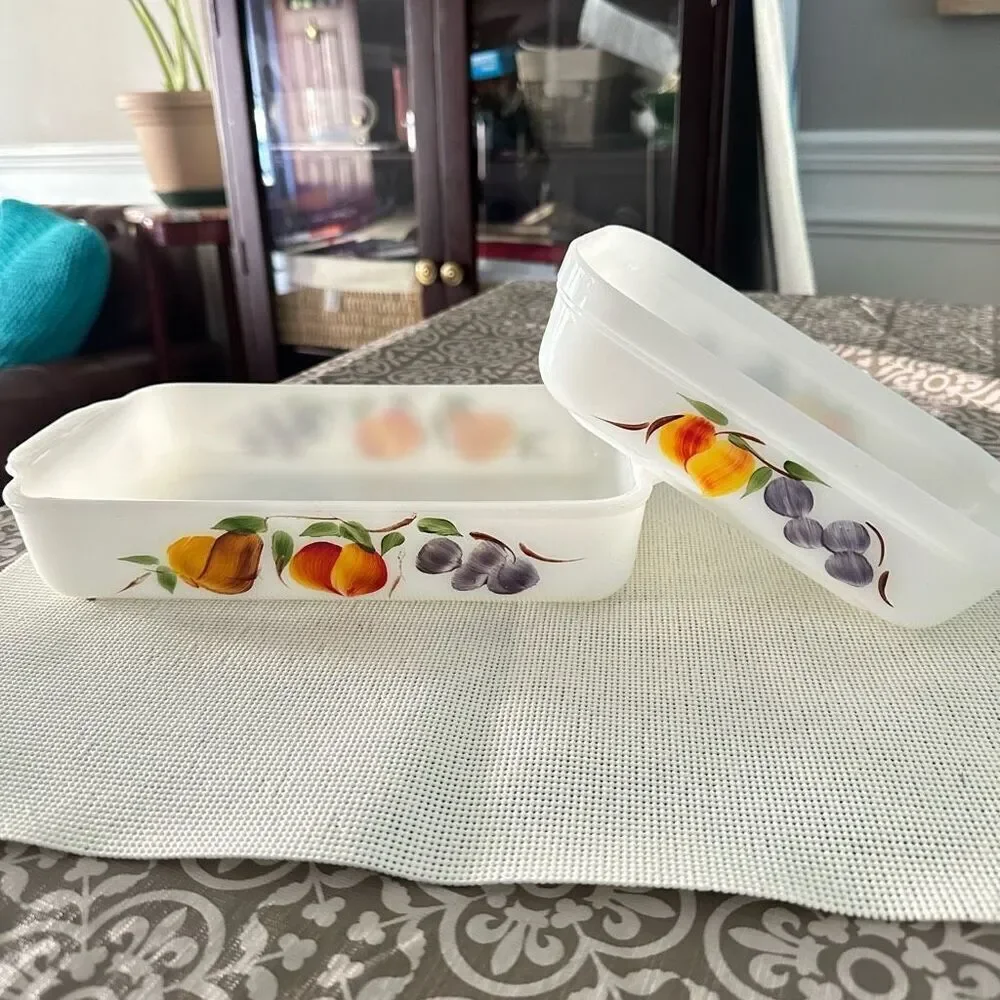 Anchor Hocking FIRE KING 2 pc Loaf Pan & Rectangular Peach Blossom Dish Vintage